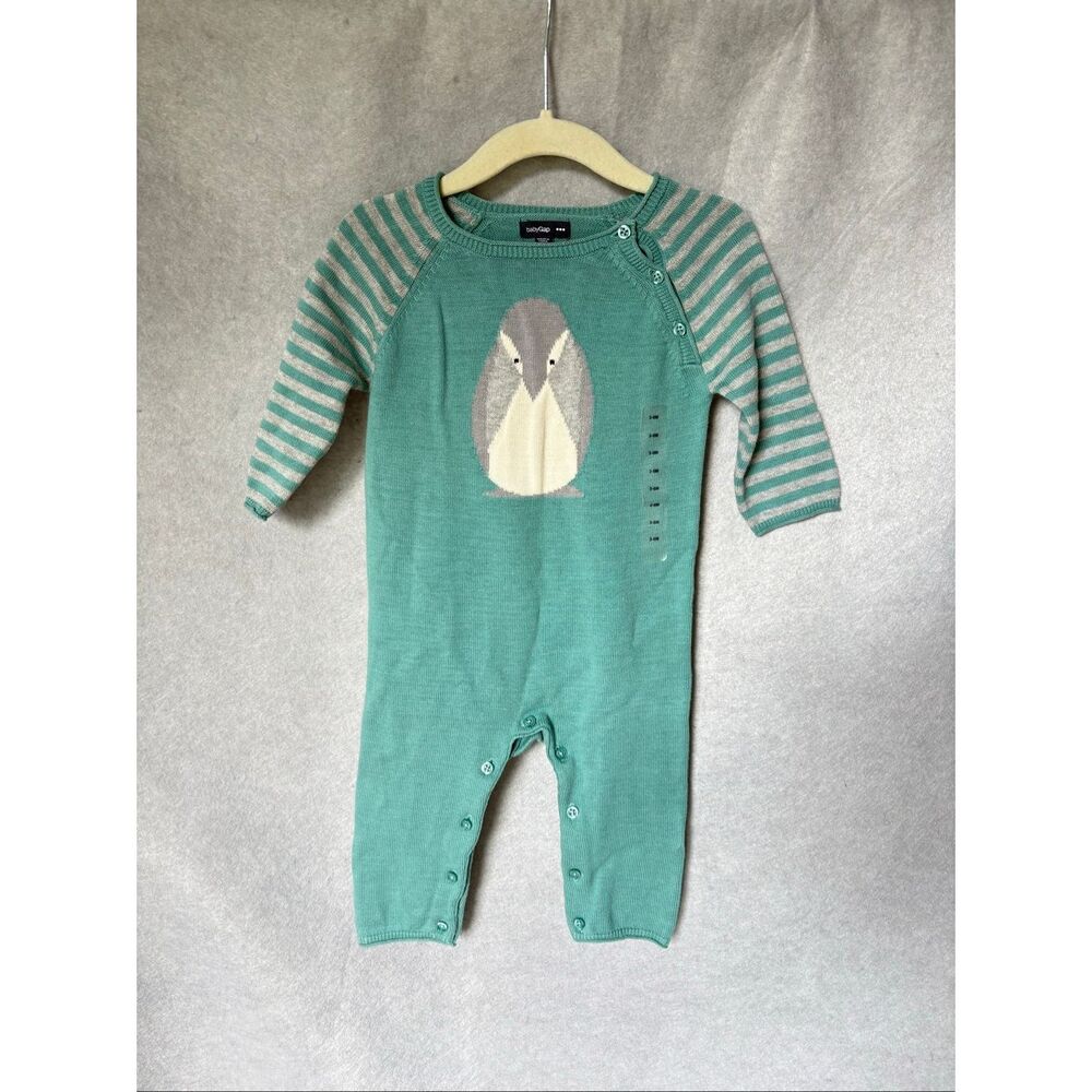 NWT Baby Gap Teal Knit Penguin Pajamas Coveralls Romper snap Closure size 3-6M